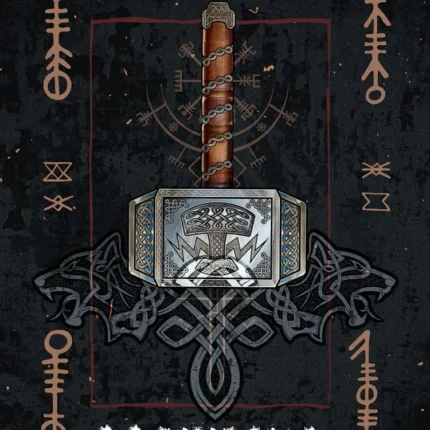 Norse hammer Mjolnir with wolf heads and knotwork surrounded by rune symbols