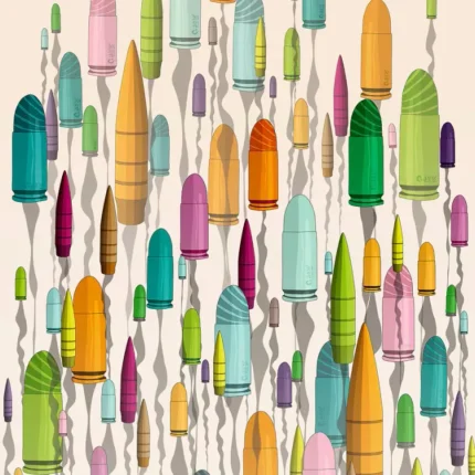 Pattern of colorful pencils and crayons scattered on a cream background