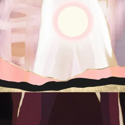 Abstract glowing pink sun above layered black, gold and maroon bands