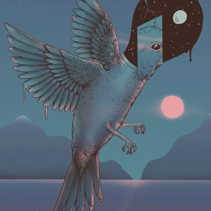 Blue bird in flight with a starry night sky inside its head