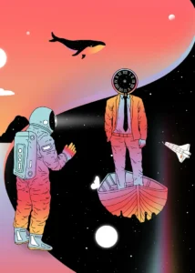 LumiPoster — Astronaut meets clock-headed man
