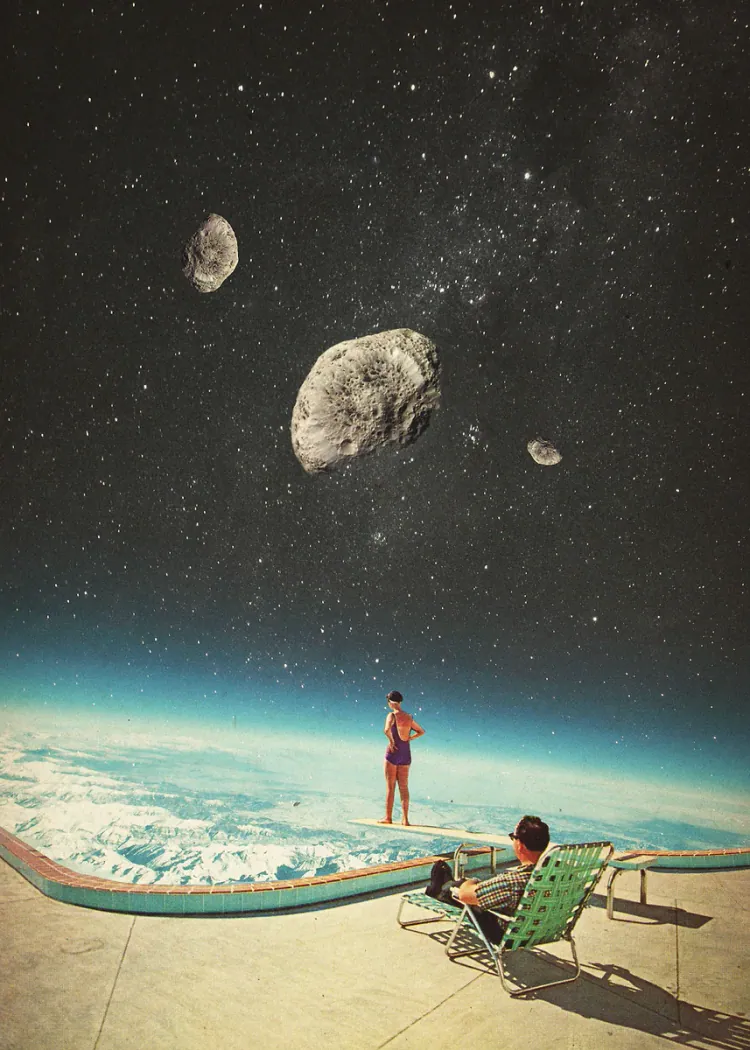 Surreal Pool on the Edge of Space With Asteroids Collage Poster Person in a deck chair by a pool at the edge of space with asteroids in the starry sky