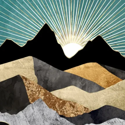 Sun rays rising over black and gold layered mountains against a teal sky