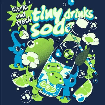 Cartoon soda bottle with lime slices, bubbles and tiny green creatures