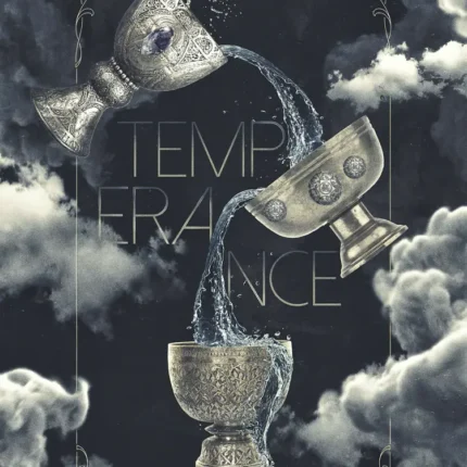 Temperance tarot poster with silver chalices pouring water among dark clouds