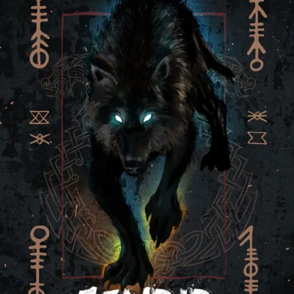 Black wolf with glowing blue eyes among rune symbols above the name Fenrir