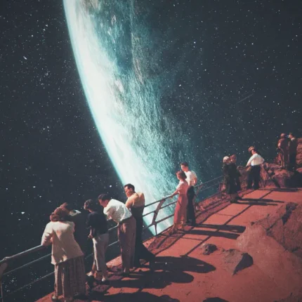 Vintage collage of people on a red rocky balcony looking at a giant planet