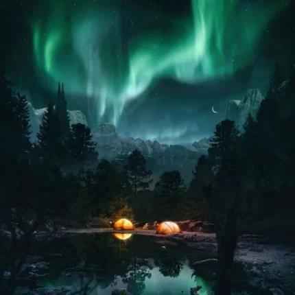 Two glowing tents by a lake in a pine forest under green northern lights