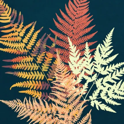 Overlapping fern fronds in rust, orange and cream on a dark teal background