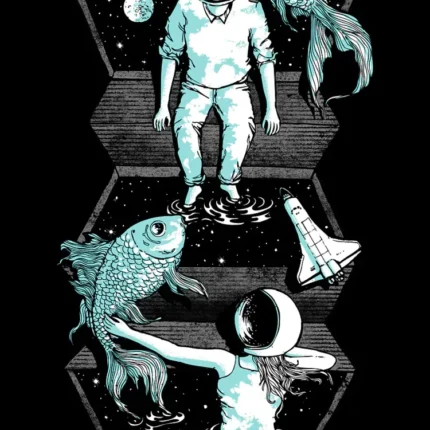 Astronauts, large fish, a shuttle and a moon in a surreal space and ocean scene