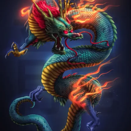 Teal and golden Chinese-style dragon with red mane coiling through orange flames on dark blue