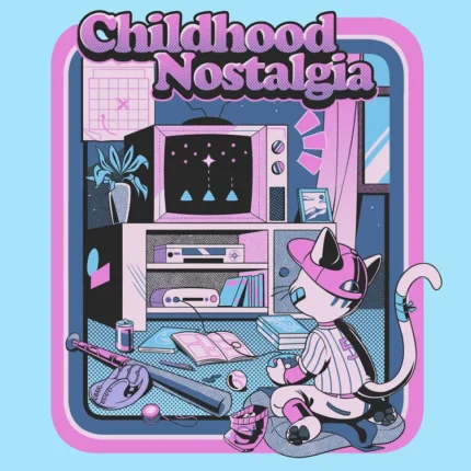 Cat in a hat in front of an old TV and game console with the words Childhood Nostalgia