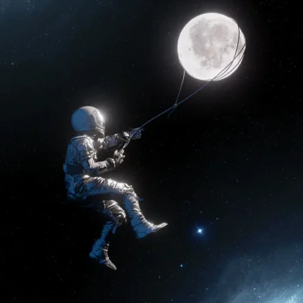 Astronaut floating in space holding a string tied to a glowing moon like a balloon