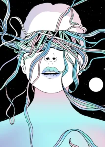 LumiPoster — Woman with ribbons over her eyes space portrait