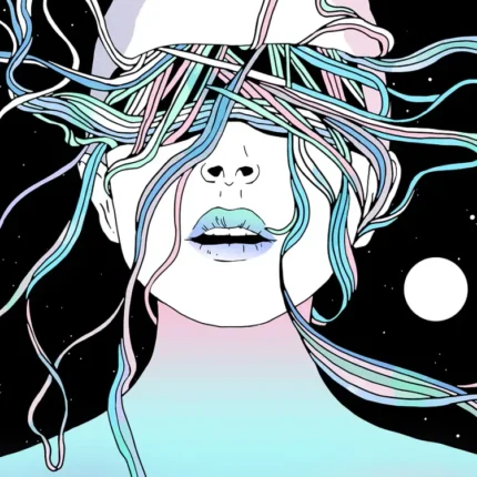 Woman with blue and pink ribbons covering her eyes against a starry sky with a small moon