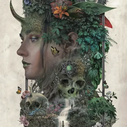 Woman in side profile with a horn and leafy hair above skulls and butterflies