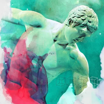 Teal and pink watercolor painting of a classical statue with turned head