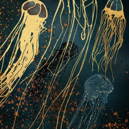 Golden line-art jellyfish floating on a dark teal background with copper speckles
