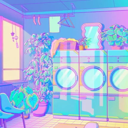 Pastel laundry room with washing machines, plants and a stretching cat