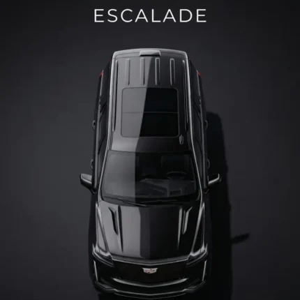 Top view of a black Cadillac Escalade SUV on a dark charcoal poster background