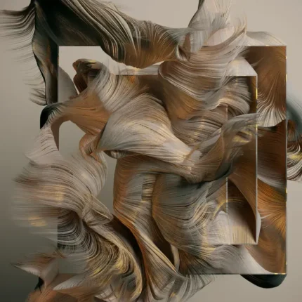 Ivory and taupe ribbon folds around a rectangular frame on a grey-beige background