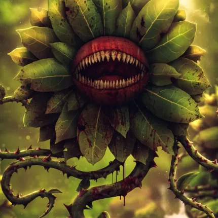 Giant carnivorous plant with a red toothy mouth, green leaves and thorny vines in a forest