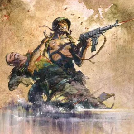 Helmeted soldier firing a rifle while carrying a wounded comrade through shallow water, war painting