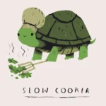 Cartoon turtle in a chef's hat holding herbs on a fork with the text Slow cooker