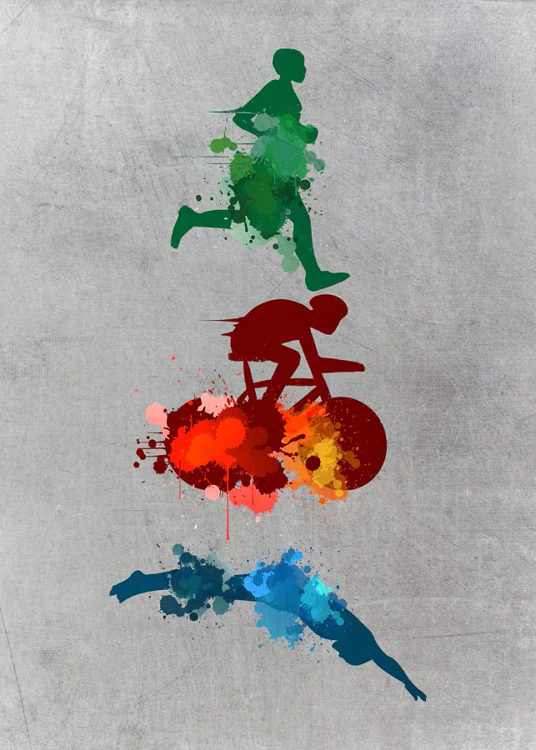 Triathlon Runner Cyclist and Swimmer Watercolor Splash Poster Watercolor silhouettes of a green runner, red cyclist and blue swimmer on gray