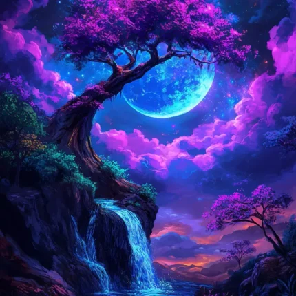 Purple tree on a cliff above a waterfall under a large blue moon