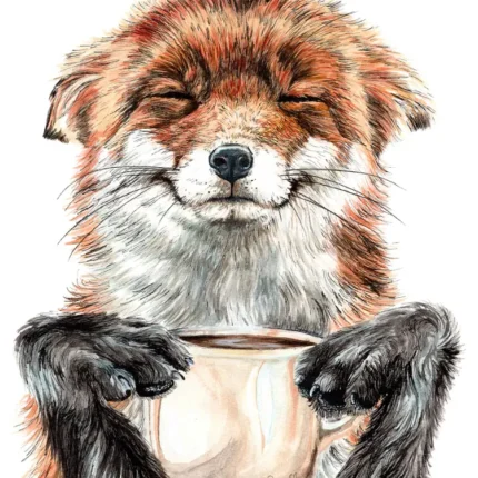 Red fox smiling with closed eyes holding a cream coffee cup in dark paws on white