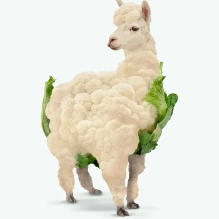 Alpaca with a cauliflower body and green leaves on a pale background captioned Alpacauli