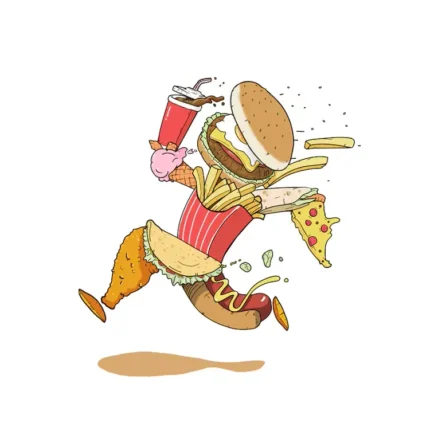 Running character made of a burger, soda, fries, pizza slice and hot dog on white