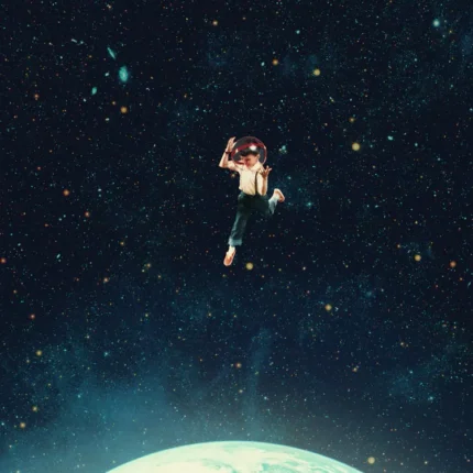 Astronaut floating in starry space above the planet Earth