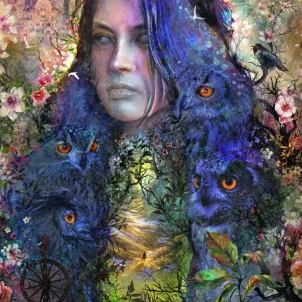 Woman with long blue hair blending into owls, flowers and a forest scene