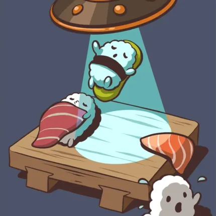 Cartoon UFO beaming up a sushi roll over a wooden tray with nigiri and a rice ball character