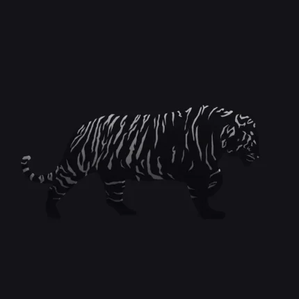Tiger with faintly lit stripes walking through darkness on a black background