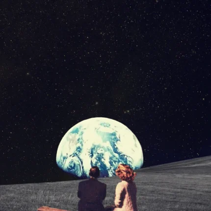 Two people on a wooden bench on a grassy hill watching a large Earth in a starry sky
