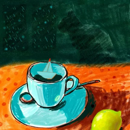 Turquoise tea cup with a small boat shape and a lemon on an orange cloth