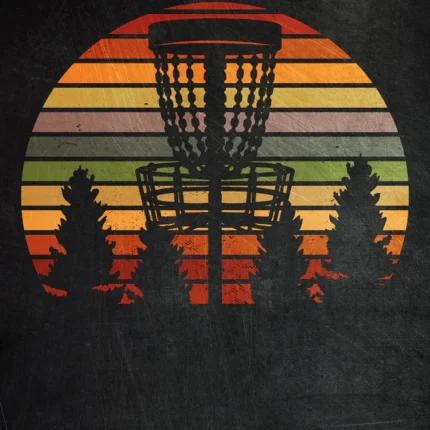 Disc golf basket silhouette against a retro striped sunset and pine trees