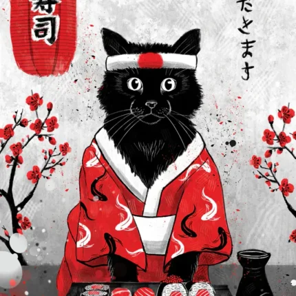 Black cat in a red kimono and headband with sushi rolls, a red lantern and cherry blossoms