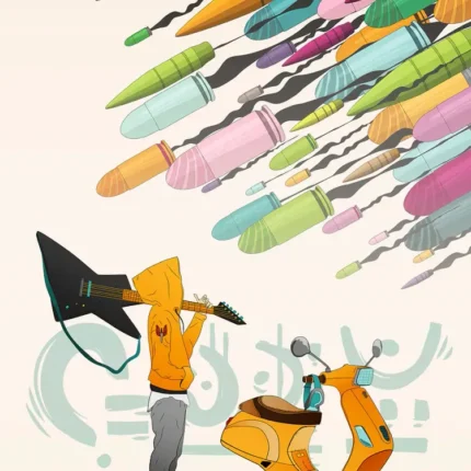 Hooded person with a guitar beside an orange scooter and cat under falling colored pencils