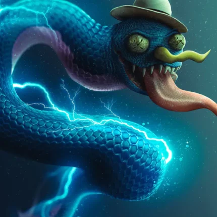Blue snake wearing a green hat with a curly mustache and lightning bolts around it