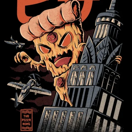 Giant pizza slice monster climbing a skyscraper with planes circling and orange Japanese lettering