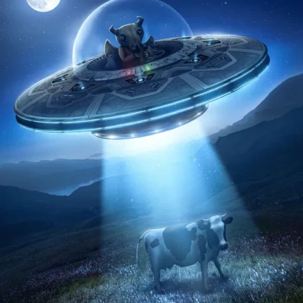 Flying saucer beaming light onto a cow in a mountain meadow under a full moon at night