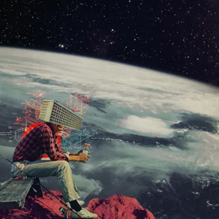 Person in a plaid shirt with a screen head sitting on a red cliff above Earth