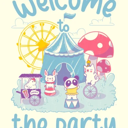 Cute cartoon circus tent with bunny, panda and cat and the words Welcome to the party