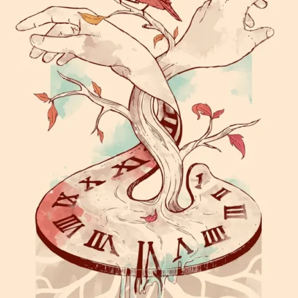 Two hands and branches rising from a Roman numeral clock with a red bird