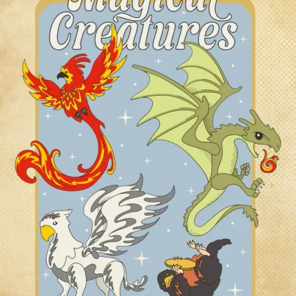 Phoenix, green dragon, griffin and small creature on a blue panel titled Magical Creatures