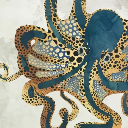 Octopus with blue body and gold spotted tentacles on a marbled cream background